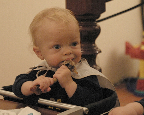 Zeke eats some duck.