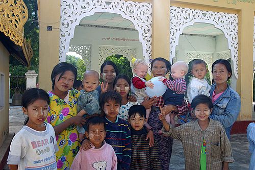 The boys attract a crowd at Shwezigon Paya.